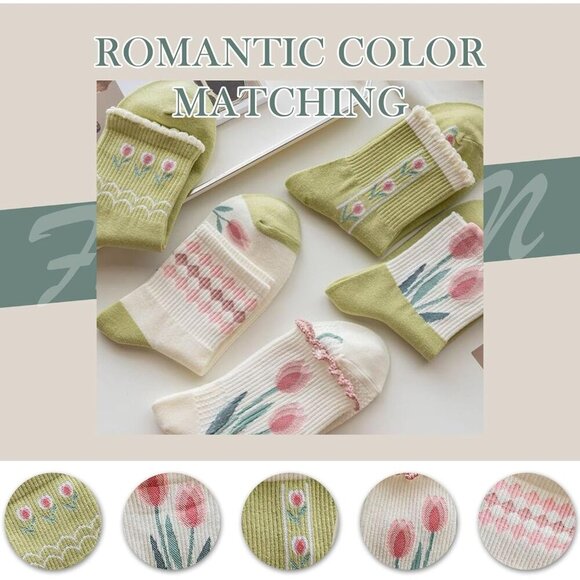 ❤️Womens Floral Socks Cotton Vintage Embroidered Casual Crew Girly Dress Socks - Picture 5 of 7